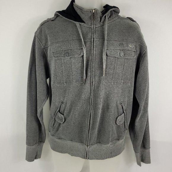 Fox Racing Hoodie Full Zip Sweatshirt Jacket Grey Herringbone Sweatshirt Mens M - Picture 1 of 3